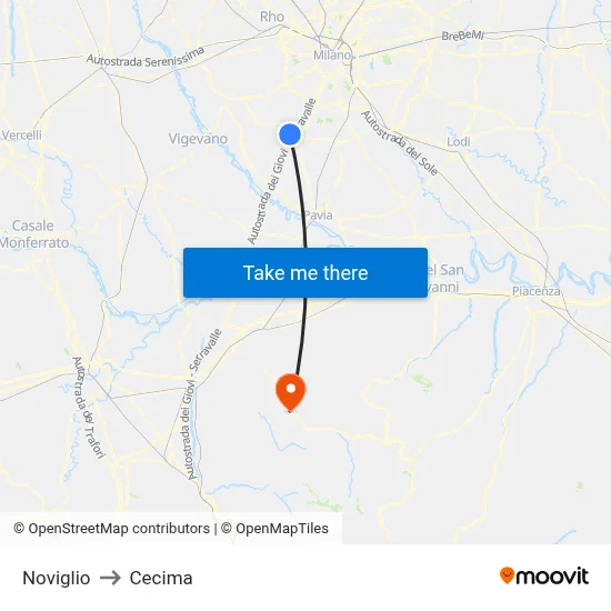 Noviglio to Cecima map