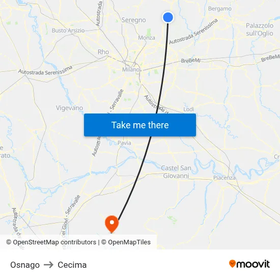 Osnago to Cecima map