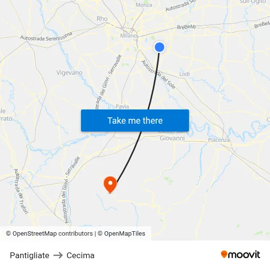 Pantigliate to Cecima map
