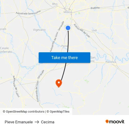 Pieve Emanuele to Cecima map