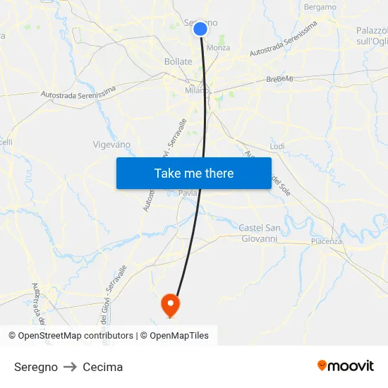 Seregno to Cecima map