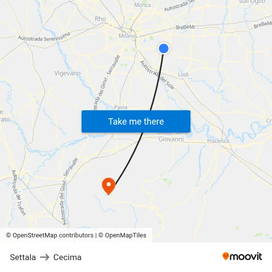 Settala to Cecima map