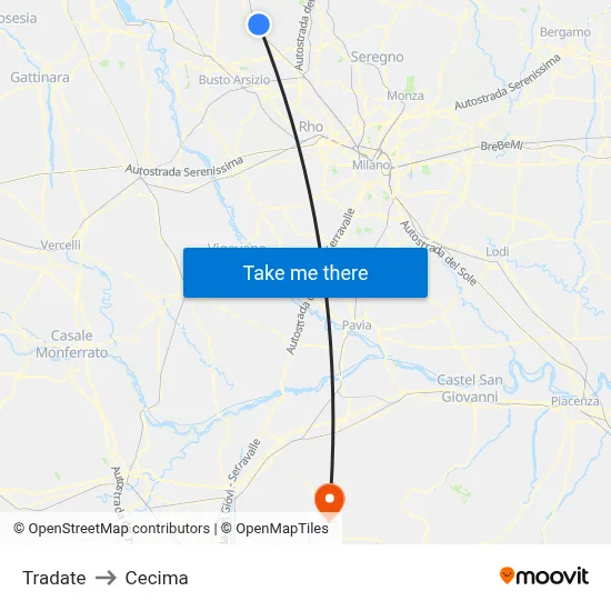 Tradate to Cecima map