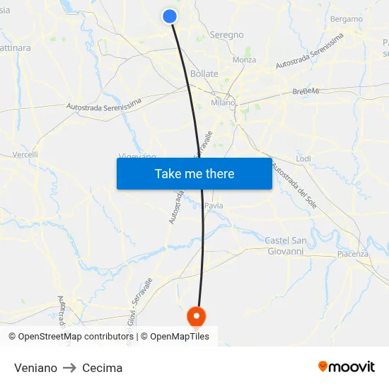 Veniano to Cecima map