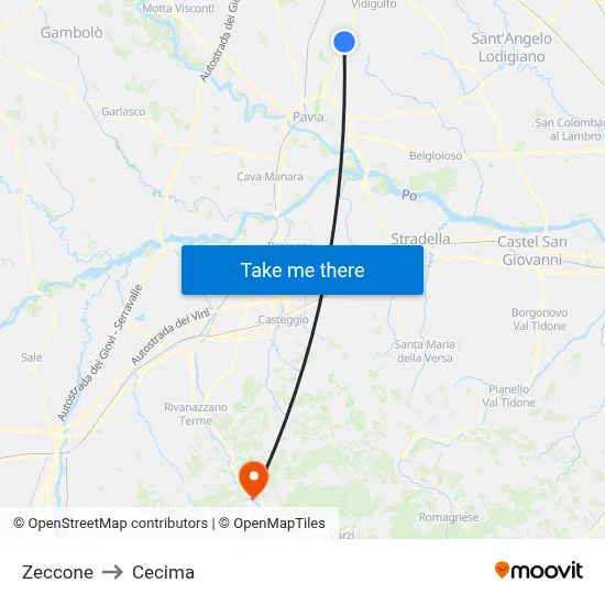 Zeccone to Cecima map