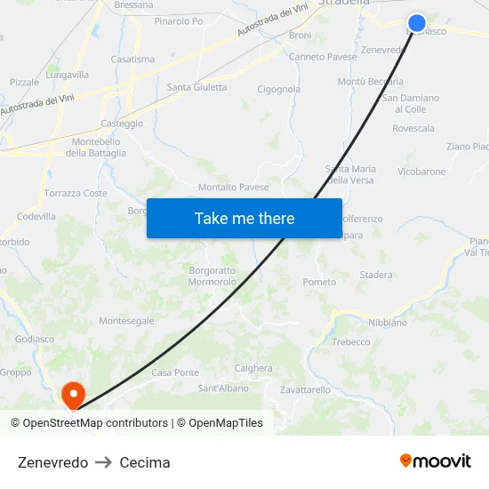 Zenevredo to Cecima map