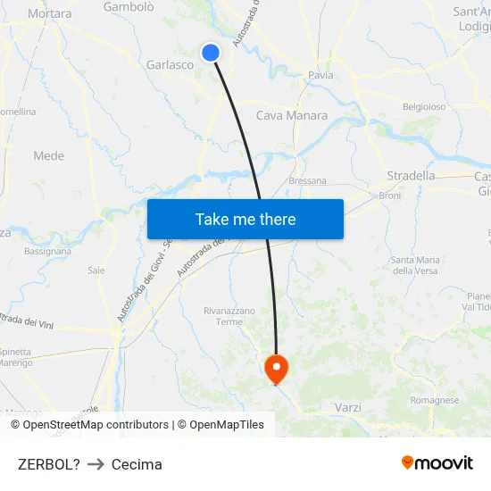 Zerbol to Cecima map