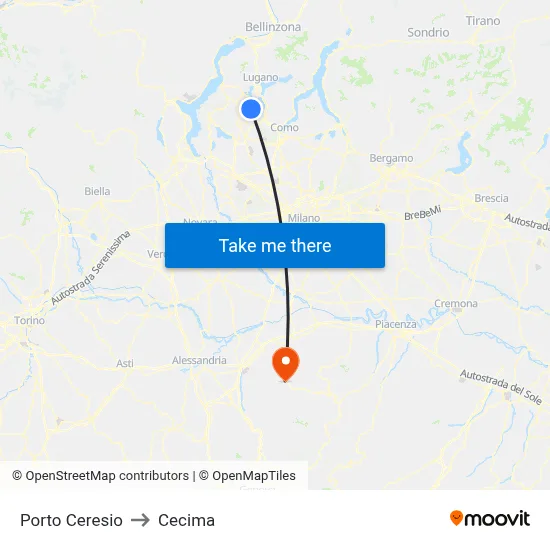 Porto Ceresio to Cecima map