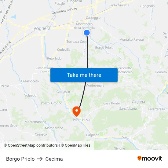 Borgo Priolo to Cecima map