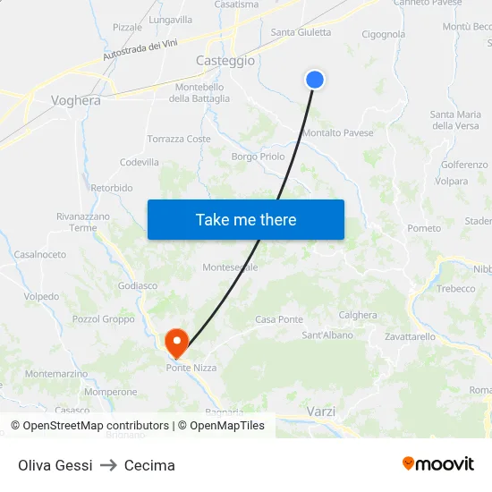 Oliva Gessi to Cecima map