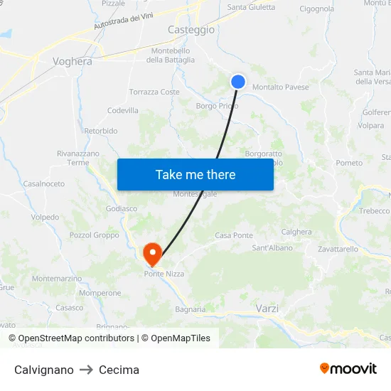 Calvignano to Cecima map