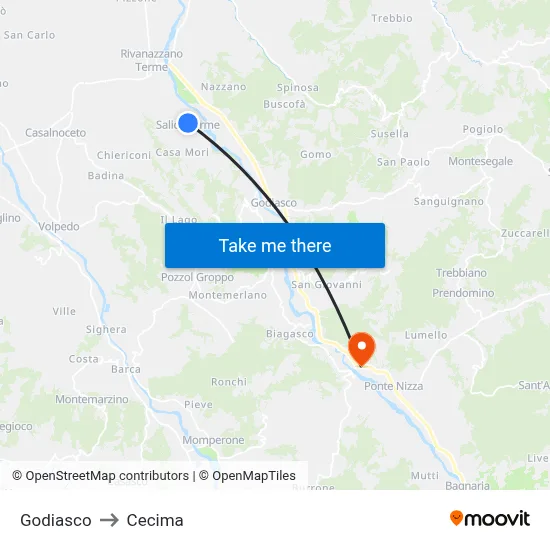 Godiasco to Cecima map