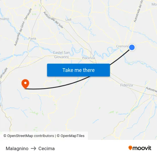Malagnino to Cecima map