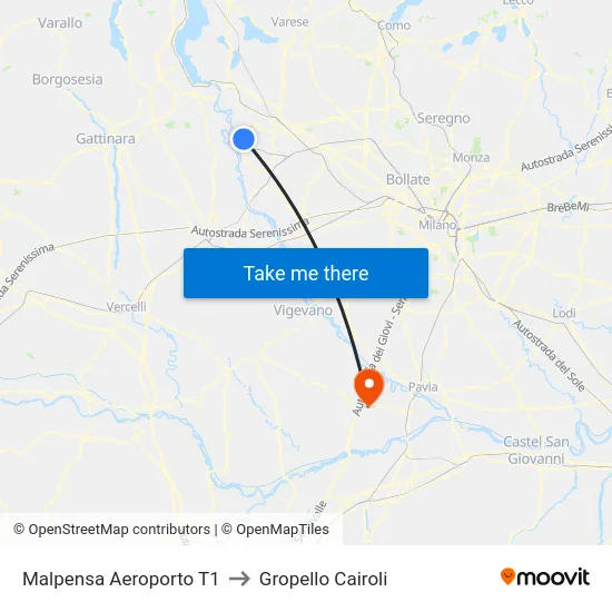 Malpensa Aeroporto T1 to Gropello Cairoli map