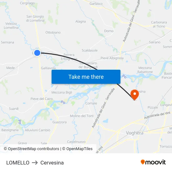 Lomello to Cervesina map