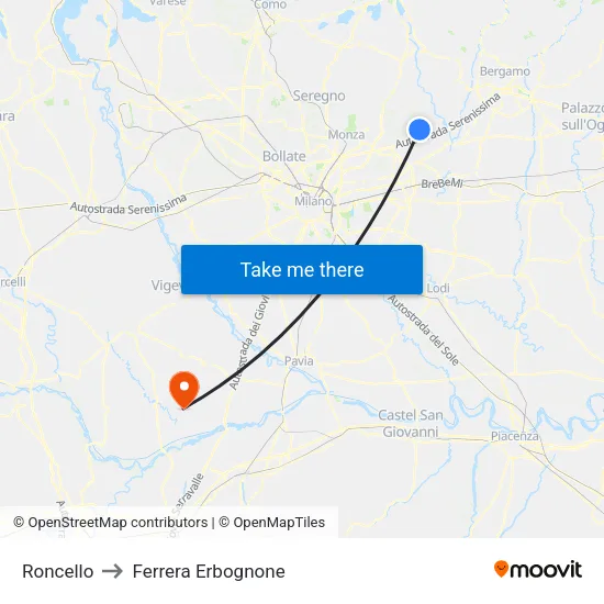 Roncello to Ferrera Erbognone map