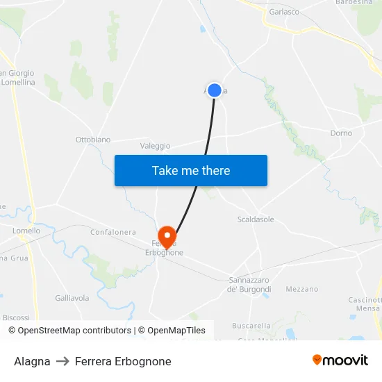 Alagna to Ferrera Erbognone map
