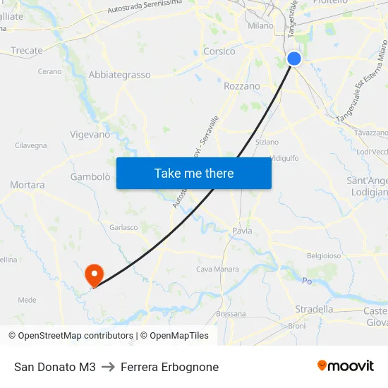 San Donato M3 to Ferrera Erbognone map