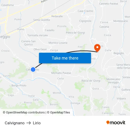 Calvignano to Lirio map