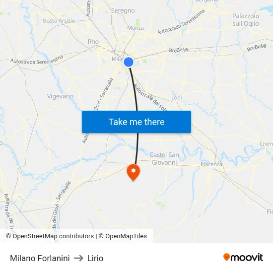 Milan Forlanini to Lirio map