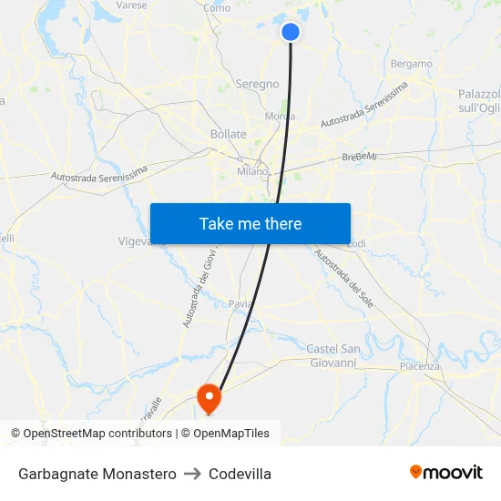Garbagnate Monastero to Codevilla map