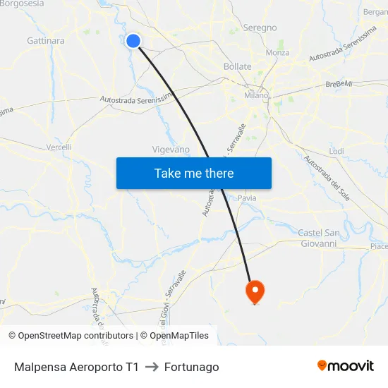 Malpensa Aeroporto T1 to Fortunago map