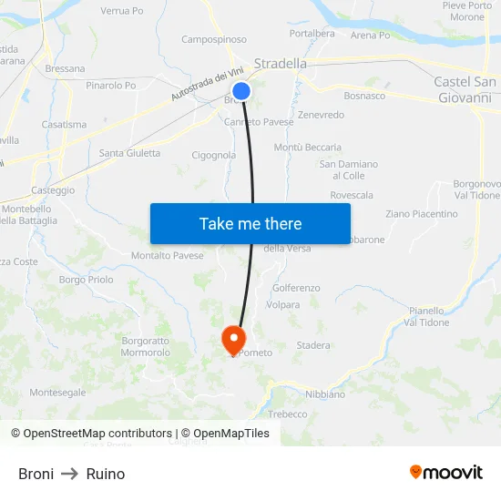 Broni to Ruino map