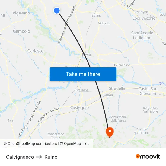 Calvignasco to Ruino map