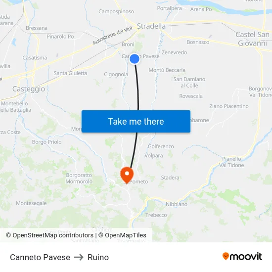 Canneto Pavese to Ruino map