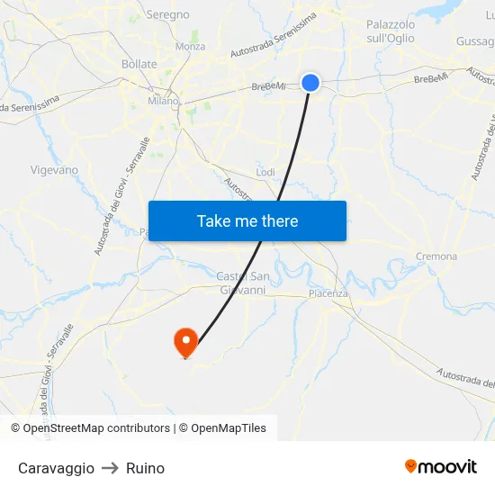 Caravaggio to Ruino map
