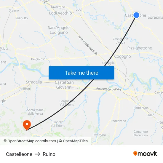 Castelleone to Ruino map
