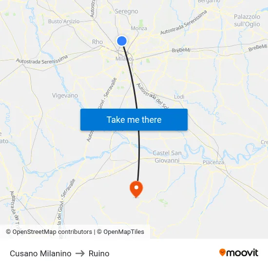 Cusano Milanino to Ruino map