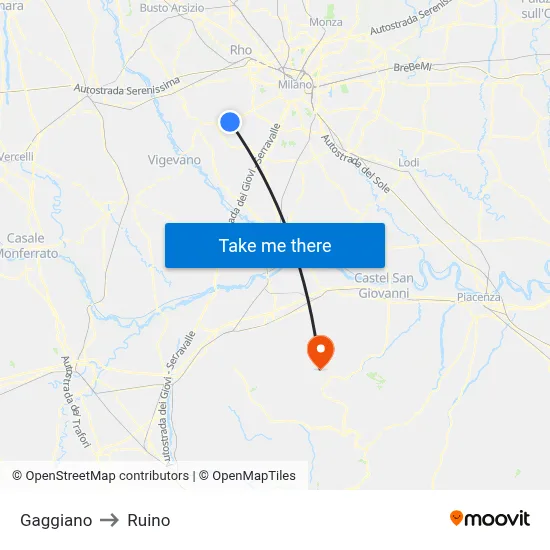 Gaggiano to Ruino map