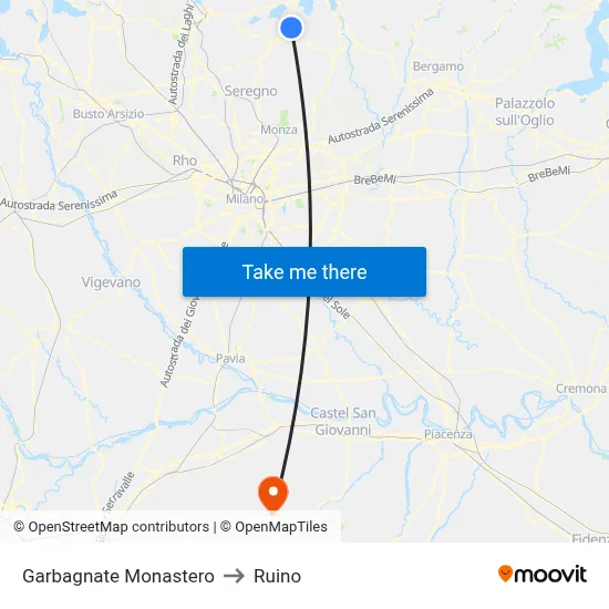 Garbagnate Monastero to Ruino map
