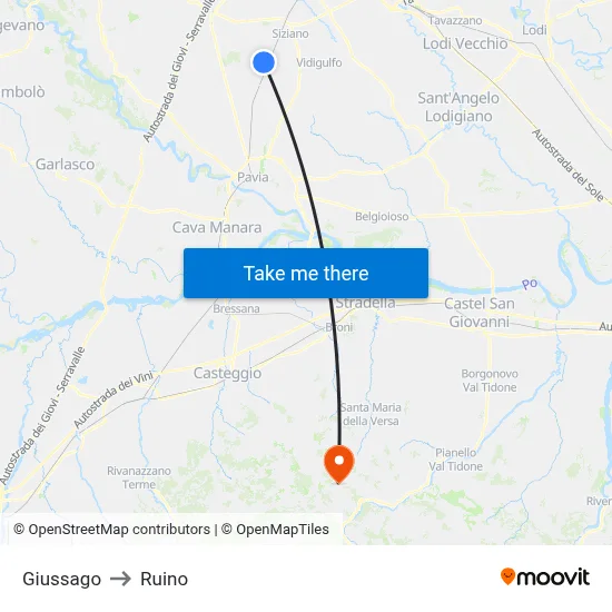 Giussago to Ruino map