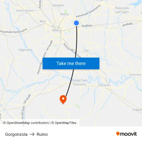 Gorgonzola to Ruino map