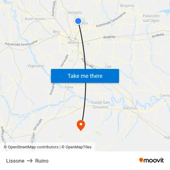 Lissone to Ruino map