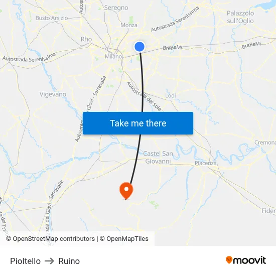Pioltello to Ruino map