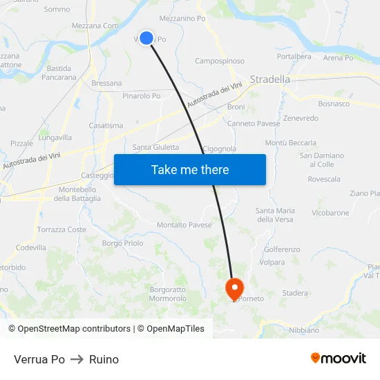 Verrua Po to Ruino map