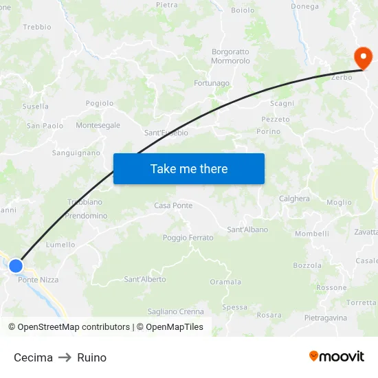 Cecima to Ruino map
