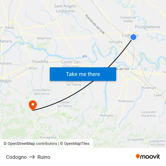 Codogno to Ruino map