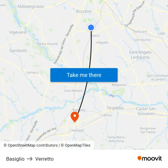 Basiglio to Verretto map