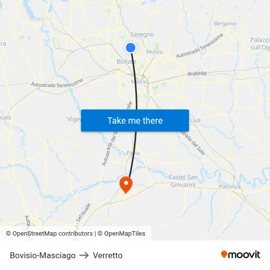 Bovisio-Masciago to Verretto map