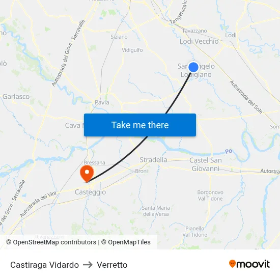 Castiraga Vidardo to Verretto map