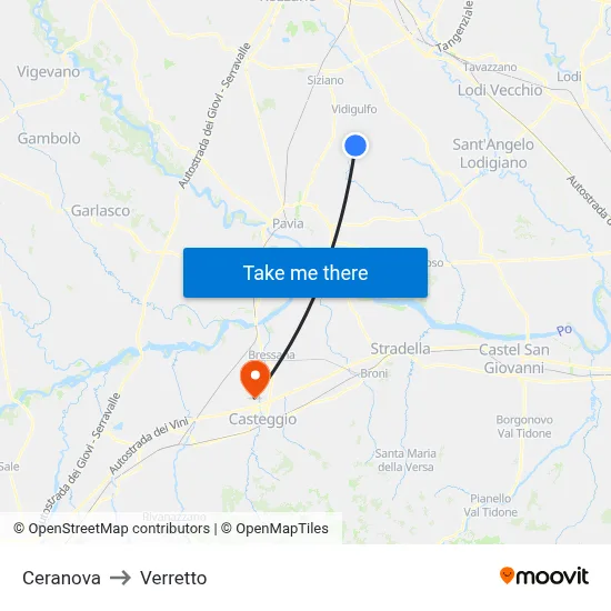Ceranova to Verretto map