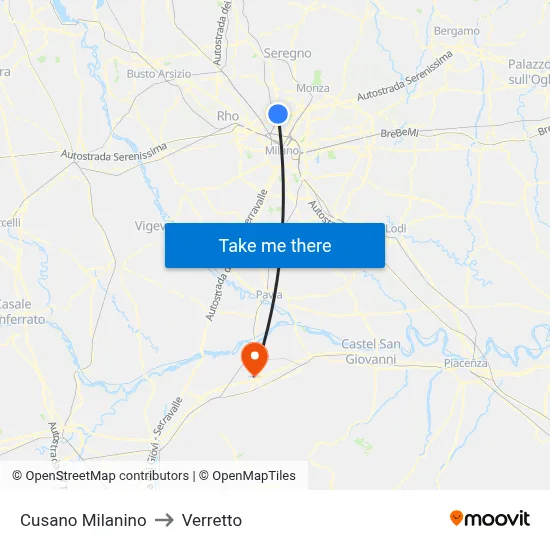 Cusano Milanino to Verretto map