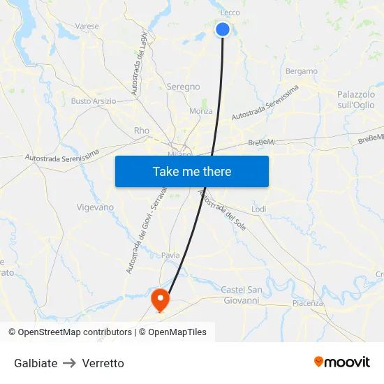 Galbiate to Verretto map