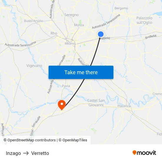 Inzago to Verretto map