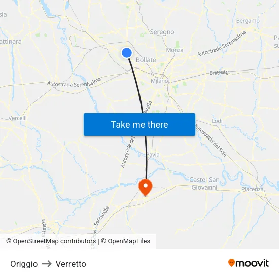 Origgio to Verretto map