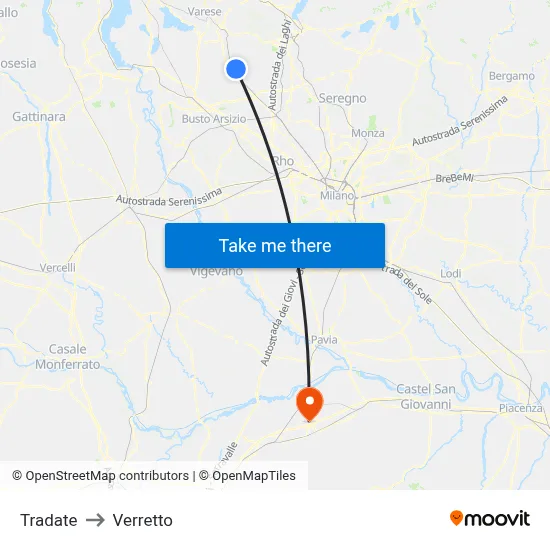 Tradate to Verretto map